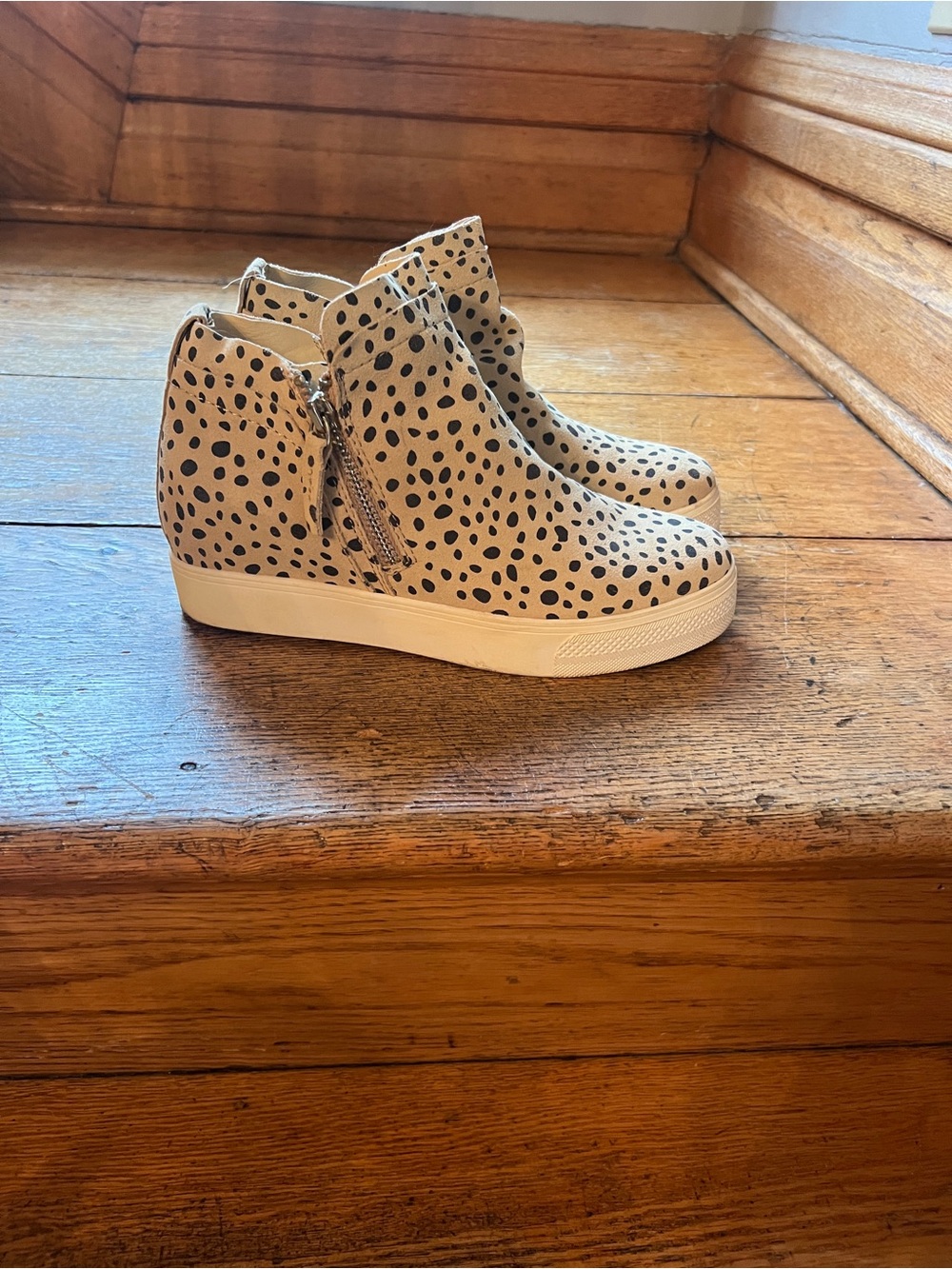 DV by Dolce Vita Beige and Black Spotted Wedge Sneaker Booties